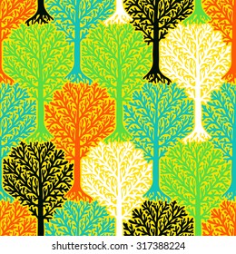 Vector pattern with tree silhouette and leafs in multiple colors for fall winter fashion or Christmas wrapping paper. Fun, elegant, natural print with woods. Retro style wallpaper, seamless background