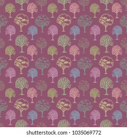 Vector pattern with trees and bushes on pink background