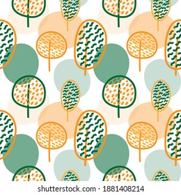 Vector pattern trees in Doodle style. Autumn,trees, leaves, abstraction, green and orange.