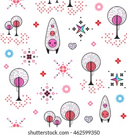 Vector pattern with trees, imaginary characters, flowers, hearts and stars. Black, red, magenta,sky blue, light violet, white background.