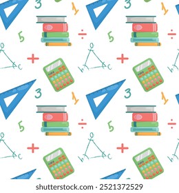 Vector pattern with triangle ruler, calculator, stack of books and triangle.