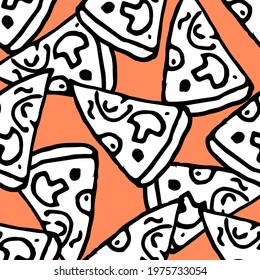 vector pattern of a triangular slice of pizza on a reddish orange background. A seamless pattern of a slice of pizza with mushrooms drawn by hand in a doodle style with a black outline, often placed 