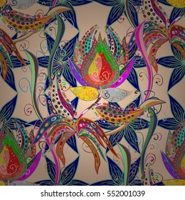 vector pattern with tropical flowers. Detailed colorful graphic botanical elements. Radial gradient shape.