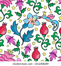 Vector pattern with tropical flowers and Hummingbird on white background. For textile, fabric, background, wrapping paper, Wallpaper.