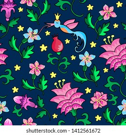 Vector pattern with tropical flowers and hummingbirds on dark blue background. For textile, fabric, background, wrapping paper, Wallpaper. 