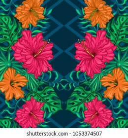 Vector pattern with tropical flowers and leaves. Hand painted illustration on geometric background