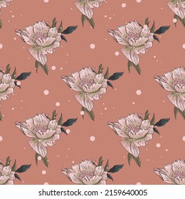 Vector pattern of tropical flowers and leaves. Seamless fashion illustration for printing on textiles, blank for designers, photo wallpaper