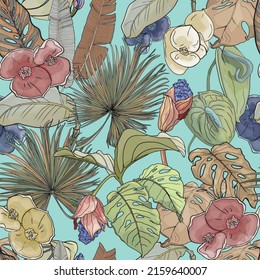 Patrón vectorial de flores y hojas tropicales. Ilustración de moda sin inconvenientes para la impresión en textiles, en blanco para los diseñadores, papel tapiz fotográfico