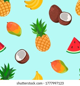 Vector pattern with tropical fruits-banana, coconut, mango, pineapple, watermelon. Tropical fruit on a blue background. Images for t-shirts, gifts, packaging, postcards, children's products.