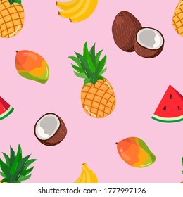 Vector pattern with tropical fruits-banana, coconut, mango, pineapple, watermelon. Tropical fruit on a pink background. Images for t-shirts, gifts, packaging, postcards, children's products.