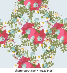 Vector pattern of tropical hibiscus flowers daisy ladybug crocus fern bunch