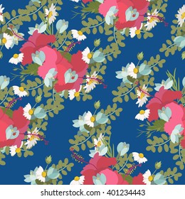 Vector pattern of tropical hibiscus flowers daisy ladybug crocus fern bunch