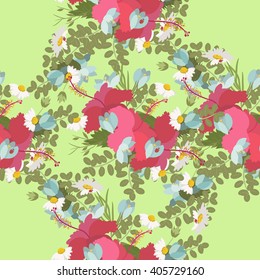 Vector pattern of tropical hibiscus flowers daisy ladybug crocus fern bunch