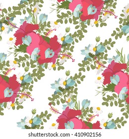 Vector pattern of tropical hibiscus flowers daisy ladybug crocus fern bunch