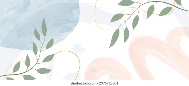 Vector pattern with tropical leaves on a pink pastel background with golden lines and watercolor strokes. Simple light jewelry design. Interior design, business cards, covers, postcards	