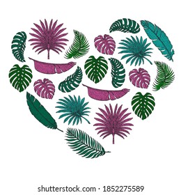 Vector pattern with tropical leaves. Palm tree. Philodendron. Cute vintage garden.