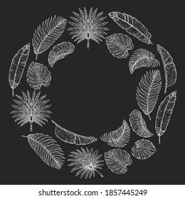 Vector pattern with tropical leaves. Palm tree. Philodendron. Cute vintage garden.