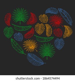 Vector pattern with tropical leaves. Palm tree. Philodendron. Cute vintage garden.