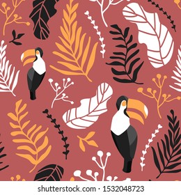 Vector pattern with tropical leaves and toucan