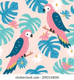 Vector Pattern of Tropical Macaw Parrots or Cockatoos on Monstera Background with Flowers. Seamless Repeat