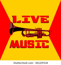 Vector pattern trumpet live music jazz on red and yellow background with the inscription, done as a stencil.It can be used with any image or separately.