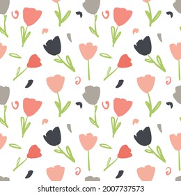 Vector pattern with tulips of gentle pastel colors for printing on textiles.
