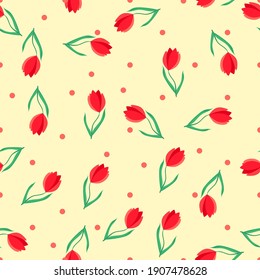Vector. Pattern with tulips on a light yellow background. Fashionable seamless tulips. Background with garden flowers - illustration.