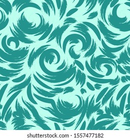 Vector pattern in turquoise color. Marine seamless motif made of splashes and waves. Texture of spirals of curls and swirl. Print for fabrics and packaging.