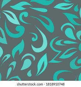 Vector pattern with turquoise leaves and swirls