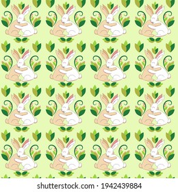 Vector pattern two rabbits hug each other with their paws. Spring pattern.