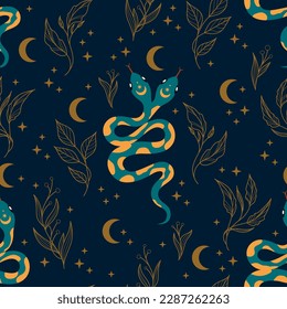 Vector pattern with two-headed snake. Background with snake, moon, stars and twigs with leaves