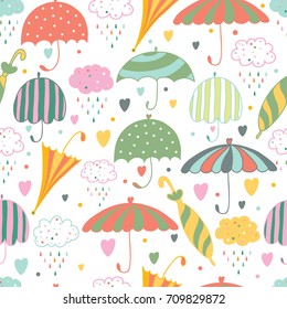 Vector pattern with umbrella, hearts and rain drop. Seamless fabric background. Beautiful abstract pattern, season illustration