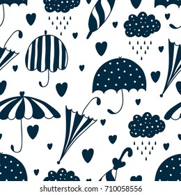 Vector pattern with umbrella, hearts and rain drop. Seamless fabric background. Beautiful abstract pattern, season illustration