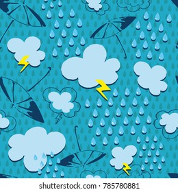 Vector pattern with umbrellas on blue cloudy and rainy background. Seamless pattern can be used for wallpaper, pattern fills, web page background, surface textures.