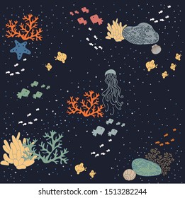 Vector pattern with underwater animals and corals.Navy blue background. - Vektör