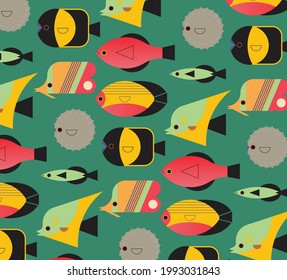 Vector pattern with underwater fauna and fishes. Minimalistic modern logo fish hedgehog, ruffe, butterfly fish. Colorful marine animals wallpaper 