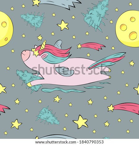 Vector pattern with unicorn and cannabis in the sky