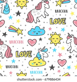 Vector pattern with unicorns, clouds, suns, hearts, stars on a white background. Perfect for wallpaper, fabric, wrapping paper, etc.