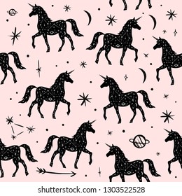 Vector pattern with unicorns, moon and stars, space constellations. Beautiful wall texture with wild repeated contour animals. Ornament, cloth print. Fairytale fantasy illustration