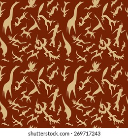 Vector pattern of unknown creatures. Fawny shapes on reddish-brown background.