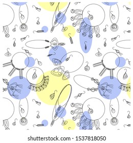 Vector pattern using lines and color spots. Jewelry sets in the form of various necklaces and earrings in Bohemian, ethnic styles are depicted.