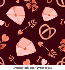 Vector pattern for valentine day. Seamless vector pattern with love message, lollipop, i love you lettering, arrow and hearts. Vector decoration for print on t'-shirt, postcard and poster.