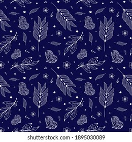 Vector pattern for Valentines Day in doodle style with hearts and with twigs and leaves, white illustration on a dark blue background. Design for packaging, packages, textiles and scrapbooking, colori