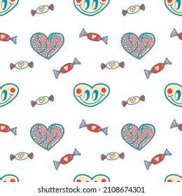 Vector pattern for Valentine's Day, heart with a smile, candy, Love in the style of the 80s, pattern for postcards, posters, fabrics, print on clothes.