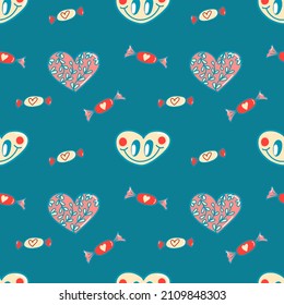 Vector pattern for Valentine's Day, heart with a smile, candy, Love in the style of the 80s, pattern for postcards, posters, fabrics, print on clothes.