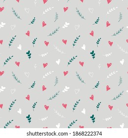 Vector pattern for Valentine's day. Pink hearts and green plants
