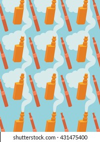 Vector pattern of vaporizer.Color print on blue background. Endless vape background. Vape trend. E-cig iIllustration. E-cig pattern. Vector illustration of Electronic cigarette.