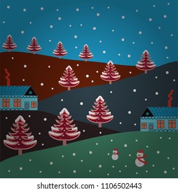 Vector pattern with various cartoon houses. Christmas illustration on blue, green and red colors. Vector illustration.