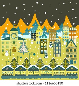 Vector pattern with various cartoon houses. Christmas illustration on yellow, green and blue colors. Vector illustration.