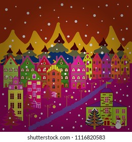 Vector pattern with various cartoon houses. Christmas illustration on orange, magenta and yellow colors. Vector illustration.